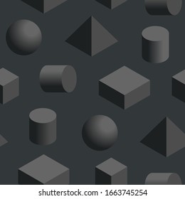 Isometric 3D black shapes seamless pattern. Repetitive vector illustration of black isometric basic 3D shapes.