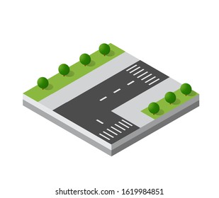 Isometric 3d block module of the district part of the city with a lawn park trees from urban infrastructure vector architecture. Modern illustration for game design.