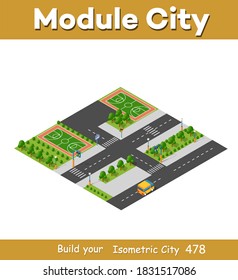 Isometric 3d block module of the district playground part of the city with a lawn park trees from urban infrastructure vector