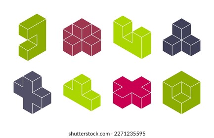 Bloques isométricos 3d. Resumen de formas geométricas, elementos de juego de rompecabezas, elementos de cubo constructor de juegos lógicos conjunto de ilustraciones vectoriales