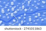 Isometric 3D Blue City Map with White Route Line and Skyscrapers. Vector illustration.