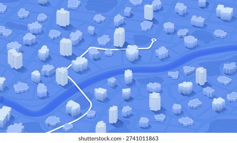 Isometric 3D Blue City Map with White Route Line and Skyscrapers. Vector illustration.