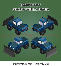 Isometric 3D Blue four-wheel tractor with a blade and an orange flashing light in four projections