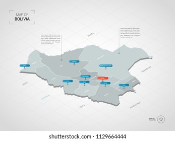 Isometric  3D Bolivia map. Stylized vector map illustration with cities, borders, capital Sucre , administrative divisions and pointer marks; gradient background with grid. 
