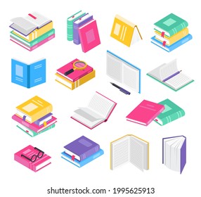 Isometric 3d books. Open and closed school textbooks with bookmarks, book stacks. Academic literature, education, reading elements vector set. Colorful covers with pen, magnifying glass