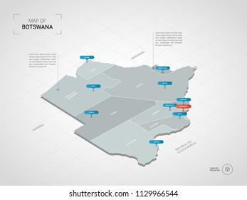 Isometric  3D Botswana map. Stylized vector map illustration with cities, borders, capital Gaborone , administrative divisions and pointer marks; gradient background with grid. 
