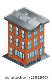 Isometric 3d brick town house. Multi-storey residential building vector illustration.