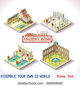 Isometric 3D Building Ancient Rome Tile Strategic map android Game. Isometric Flat 3D Roman Imperial Landmark Building Set Game Rome Caesar Ancient Age Vector map Isometric Empire Icon Tile Collection