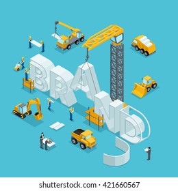 Isometric 3d Building a business idea, a brand. Working people in the construction work. Development plan of the invention. Construction Isometric People Isometric vector illustration