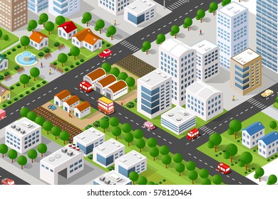 Isometric 3D building city  concept private, municipal real estate. Home collection hotel, gardens, architecture cityscape. Green tree buildings map Illustration elements set business vector game