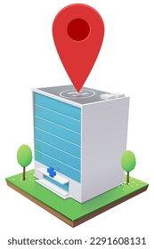Isometric 3D building of a hospital isolated on a piece of lawn with the red location marker (cut out)