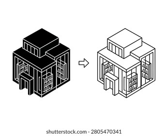 Isometric 3D building models with black and white shading on transparent background architectural comparison