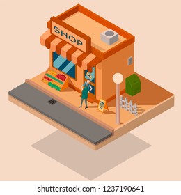 Isometric 3d building. Isometric shop.