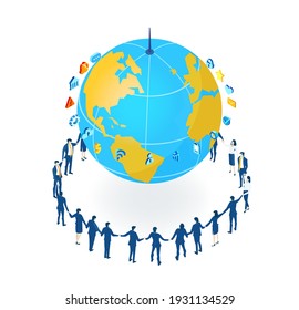 Entorno de concepto de negocio 3D isométrico, Mucha gente de negocios trabajando en torno a golem, negocios globales, comunicación global, empresas internacionales, oportunidades de negocio a nivel mundial 