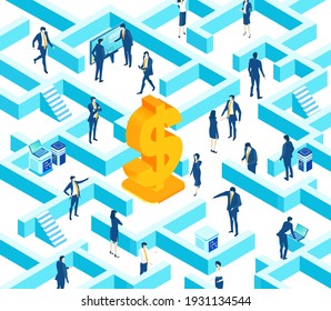 Isometric 3D business concept environment,  Business people working in labyrinth around a big Dollar. Talking, communication, slowing the problems, start up, support and developing projects. 