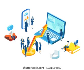 Isometric 3D business concept environment,  Creative team working together on mobile application developing programs. 