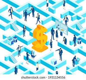 Entorno de concepto de negocio 3D isométrico, gente de negocios trabajando en laberinto alrededor de un gran dólar. Hablar, comunicar, desacelerar los problemas, iniciar, apoyar y desarrollar proyectos. 