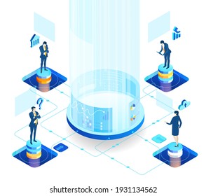 Isometric 3D business concept environment,  Business people working in server room, technology, big data, computing, artificial intelligence concept illustration