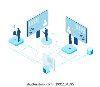 Isometric 3D business concept environment,  Business people working and having a meeting in front of big screens, reading data, analysing, monitoring progress concept illustration  