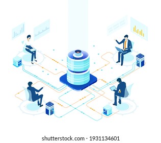 Isometric 3D business concept environment,  Business people working in server room, technology, big data, computing, artificial intelligence concept illustration. Business meeting, work together 