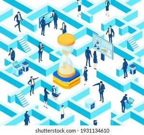 Isometric 3D business concept environment,  Business people working in labyrinth around a big Sandglass. Talking, communication, slowing the problems, start up, support and developing projects. 