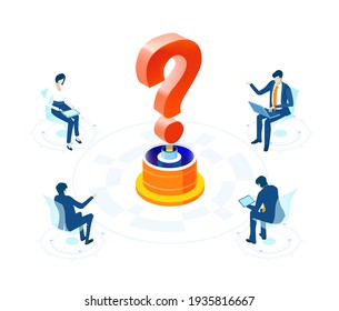 Entorno de concepto empresarial 3D isométrico, gente de negocios hablando en torno a un gran signo de interrogación. Hablar, comunicar, desacelerar los problemas, iniciar, apoyar y desarrollar proyectos. 