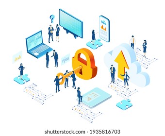 Isometric 3D business concept environment,  Business people, bankers trying open a big golden lock. Developing banking application, technical support, advisory and security 