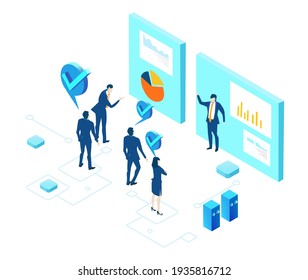 Isometric 3D business concept environment,  Creative team working together on mobile application developing programs. 
