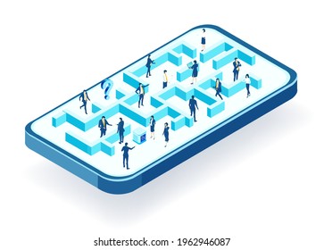 Isometric 3D business concept environment, Business people working in labyrinth. Talking, communication, slowing the problems, start up, support and developing projects.