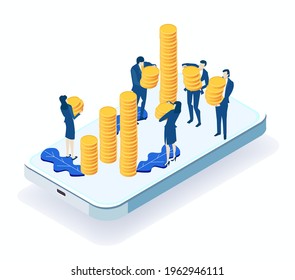 Isometric 3D business concept environment, Business people caring golden coins. Banking, start up, support and developing projects, investments, savings.