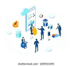 Isometrische 3D-Business-Concept-Umgebung, Geschäftsleute, die Meetings, Technologien, Big Data, Computer, künstliche Intelligenz, Design-Anwendungsgrafik haben