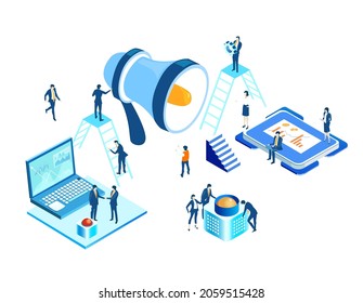 Isometric 3D business concept environment, Business people working room next to megaphone, technology, big data, computing, artificial intelligence, writing applications concept illustration