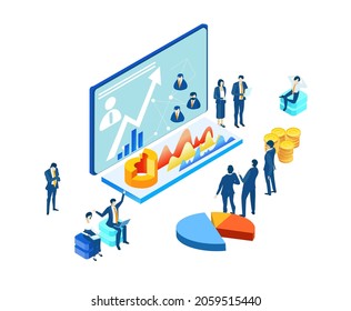 Entorno de concepto de negocio 3D isométrico, gente de negocios trabajando en sala de servidores, tecnología, big data, computación, inteligencia artificial, escritura de aplicaciones ilustración de concepto