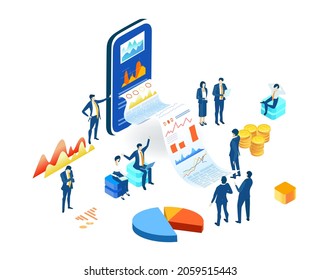 Isometric 3D business concept environment, Business people having a meeting, technology, big data, computing, artificial intelligence, writing applications concept illustration