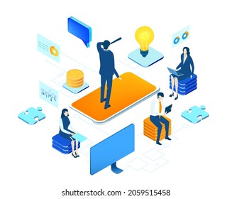 Isometric 3D business concept environment, Creative team working together on mobile application developing programs.