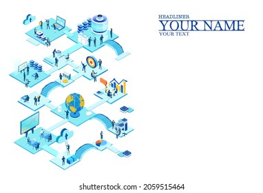 Isometric 3D business concept environment, Business people working in server room, technology, big data, computing, artificial intelligence, writing applications concept illustration