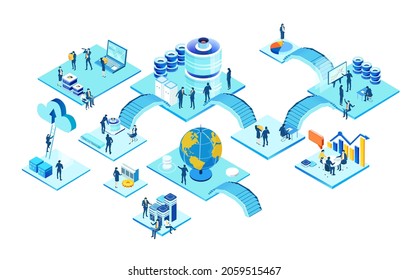 Entorno de concepto de negocio 3D isométrico, gente de negocios trabajando en sala de servidores, tecnología, big data, computación, inteligencia artificial, escritura de aplicaciones ilustración de concepto