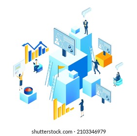 Isometric 3D business concept environment, Creative team working together, developing project, reading graphs, analysing data.	
