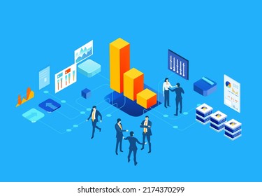 Isometric 3D business concept environment, Business people working in server room, technology, big data, computing, artificial intelligence, writing applications concept illustration
