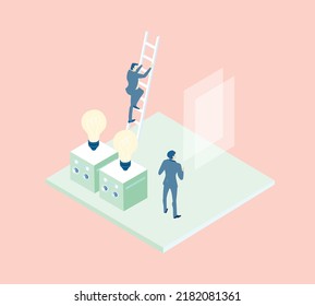 Entorno de concepto de negocio 3D isométrico, gente de negocios trabajando en sala de servidores, tecnología, big data, computación, inteligencia artificial, escritura de aplicaciones ilustración de concepto
