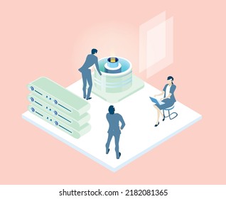 Isometric 3D business concept environment, Business people working in server room, technology, big data, computing, artificial intelligence, writing applications concept illustration

