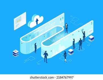 Entorno de concepto de negocio 3D isométrico, gente de negocios trabajando en sala de servidores, tecnología, big data, computación, inteligencia artificial, escritura de aplicaciones ilustración de concepto