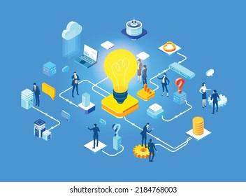 Isometric 3D business concept environment, Business people working in server room around  big Light bulb. Technology, big data, computing, artificial intelligence, writing applications concept 