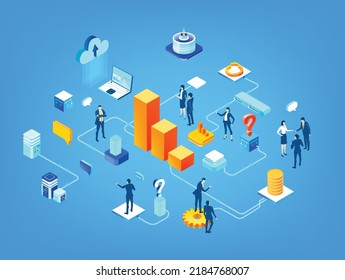 Isometric 3D business concept environment, Business people working in server room around  Chart and bars. Technology, big data, computing, artificial intelligence, writing applications concept 