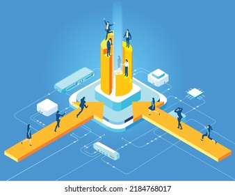 Entorno de concepto de negocio 3D isométrico, gente de negocios trabajando en la sala de servidores alrededor de Chart y bares. Tecnología, big data, computación, inteligencia artificial, escritura de conceptos de aplicaciones 