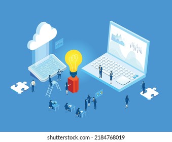 Entorno de concepto de negocio 3D isométrico, gente de negocios trabajando en una sala de servidores alrededor de una gran bombilla. Tecnología, big data, computación, inteligencia artificial, escritura de conceptos de aplicaciones 