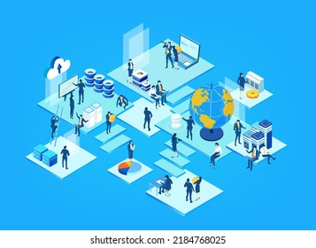 Isometric 3D business concept environment, Business people working in server room around Globe. Technology, big data, international, global business, computing, writing applications concept 