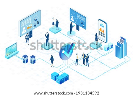 Isometric 3D business concept environment,  Business people working in server room, technology, big data, computing, artificial intelligence, writing applications concept illustration