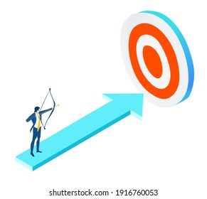 Isometric 3D business environment  Businessman aiming at target with bow and arrow, business concept illustration, working together, winning and achievers idea
