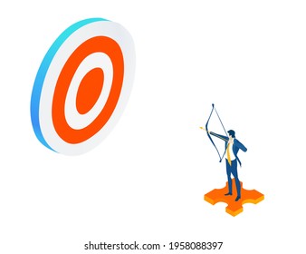 Isometric 3D business environment. Businessman aim a target. Infographic illustration